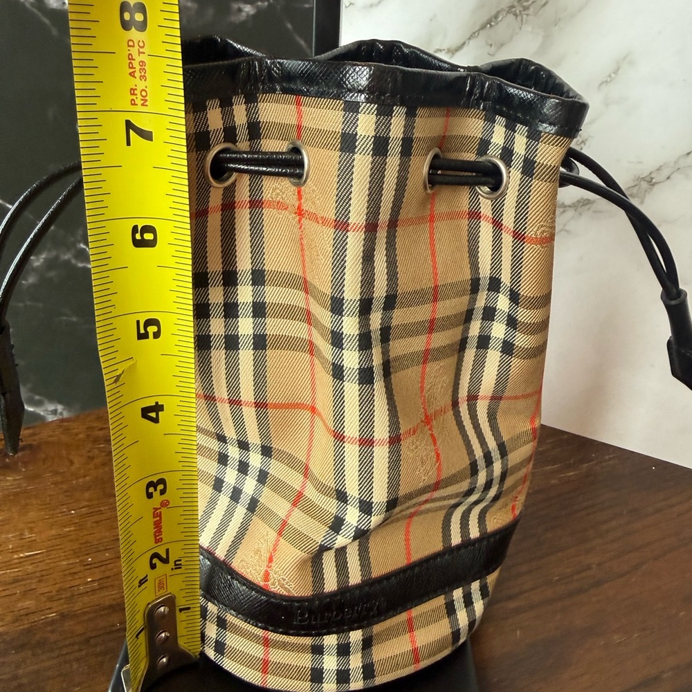 Burberry Beige Classic Check Drawstring Wristlet with Black Trim and Red Accents - Picture 7 of 8